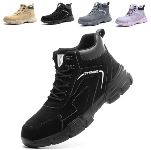 Bawalon Safety Boots Mens Womens Water Resistant Work Boots with Steel Cap Lightweight Non-Slip Safety Shoes Black UK 10 (Label Size 44)