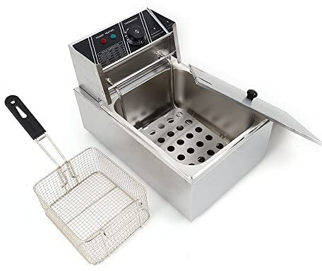 Freidora eléctrica comercial, 6L de acero inoxidable 2500 W, freidora profesional de zona fría con un tanque, freidora comercial con cesta y control de temperatura
