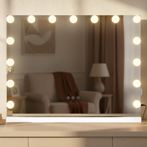 CLP Schminkspiegel Marlene I Kosmetikspiegel mit 10X Vergrößerung I Hollywoodspiegel mit dimmbarer LED-Beleuchtung I 3 Licht-Modi, Farbe:weiß