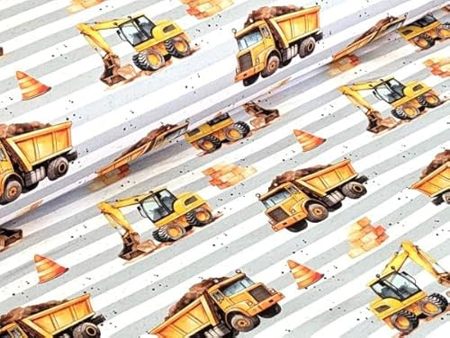 Eigenproduktion Baumwolljersey Baustellen Fahrzeuge Streifen auf Hellgrau Stoff Meterware Kleiderstoff