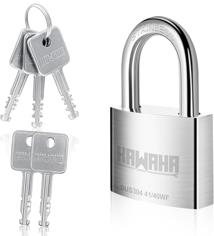KAWAHA 41/50KD-5SK Hochsicherheits-Vorhängeschlösser aus Edelstahl mit Schlüssel für den Innen- und Außenbereich (Edelstahl SUS304, sehr widerstandsfähig, rostfrei) (50 mm, 5 Schlüssel aus Stahl)