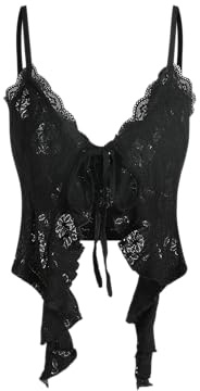 CIDER Going Out Tops for Women Y2K Tie Front Asymmetrical Ruffle Hem Lace Spaghetti Strap Cowgirl Crop Tops Black