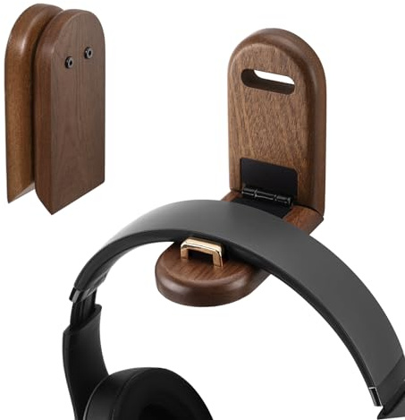 HEWYIOS Wood Headphone Stand Wall Mount Holder, Sticky Headset Hook, Under Desk Headphone Hanger,Foldable Desk Headphone Hanger Earphone Clamp for Audio,Studio & Gaming Headphones, moderate