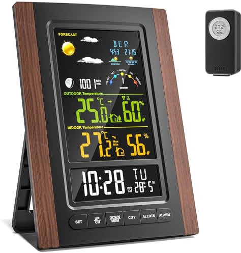 Wetterstation Funk mit Außensensor, Temperatur & Luftfeuchtigkeit Innen/Außen, Großes LCD Display, Wettervorhersage, DCF Funkuhr, Mondphasen, Barometer, Sonnenaufgang & Sonnenuntergang