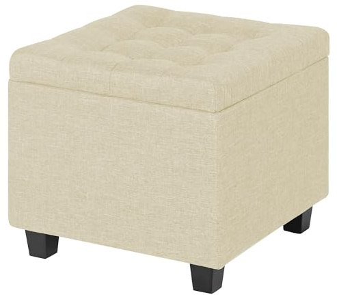 IlGruppone Pouf Poggiapiedi Cubico XXL Con Contenitore Integrato Cubo Imbottito Lino 45Cm Piedini legno Panca Moderna Cassapanca Soggiorno Panchina Ingresso Scarpiera Sgabello Grande - Crema