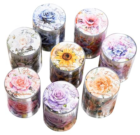 Inscrip Washi tejp, 8 rullar blommor solros rosor hortensior PET washitejp, retro växter washitejp, blommigt blad washi tejp klistermärken för gör-det-själv-hantverk, scrapbook, presentpaket (8