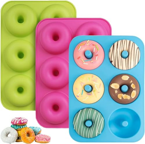 6-Cavity Silicone Doughnut Baking Mould, 3 Pcs Food Grade Silicone Donut Moulds, Non-Stick Silicone Donut Molds, Donut Pan, Doughnut Tray, Baking Tray for Donut, Bagels, Muffins(Pink, Blue, Green)