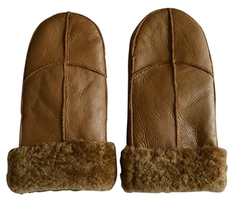 WENH Kvinnor Fårskinnsvantar Vinter Håll Varma Läderhandskar Äkta tjock päls Fårskinn Damhandskar(Khaki)