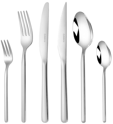 Deleca Set di posate in acciaio inox argentato, per 6 persone, 36 pezzi, lavabili in lavastoviglie, per 6 persone, posate da tavola, posate argentate, coltelli, forchette, cucchiai, posate in acciaio