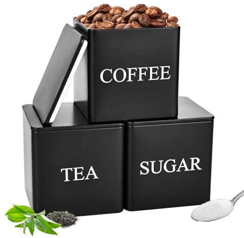 smtfcty Juego de 3 botes de almacenamiento para té, café y azúcar, 500 ml, juego de recipientes de metal con tapa hermética, latas de almacenamiento decorativas para el hogar y la cocina (negro)