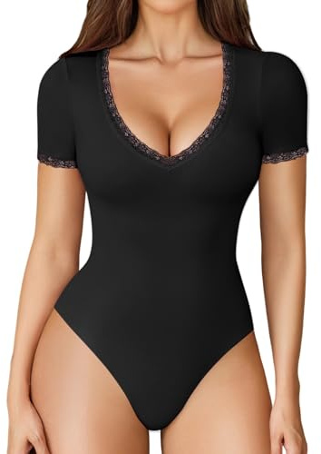 Avidlove Bodysuits for Women Short Sleeve Lace V Neck Body Suit One Piece Going Out Tops Spring Outfits(Black,XL)