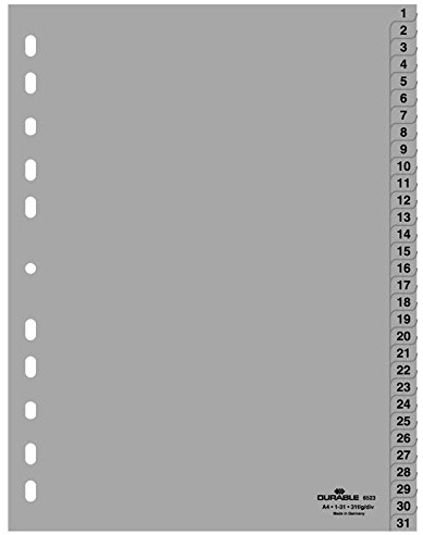 Durable Zahlenregister 1-31 (A4, geprägte Taben, PP volldeckend), grau, 652310 (1-31 | 3er Pack)
