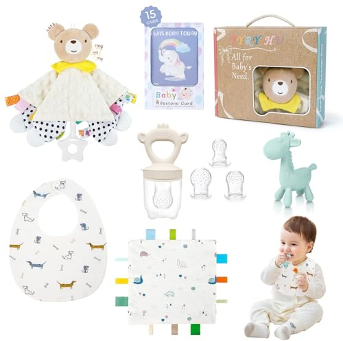 TYRY.HU Juego de regalo para bebé, baberos para bebé, alimentador de frutas, baberos de regate, edredones de seguridad, juego de destete, juguetes de dentición para bebés, tarjetas de hitos para