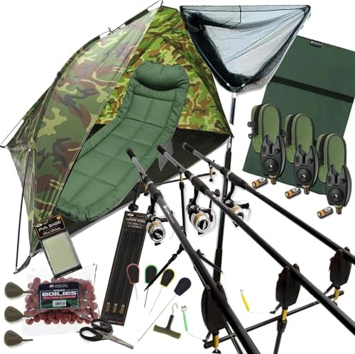 Complete Carp Fishing Set 3x 12ft Rods, Reels, Bivvy Shelter, Bedchair, Rod Pod with Bite Alarms, Landing Net, Unhooking Mat, Boilies, Tackle & Tools All-in-One Starter Kit for Anglers (3 Rods Setup)