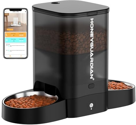 HoneyGuaridan 3.5L Distributore Automatico Cibo Gatti Adatto a Due Gatti, Dispenser Crocchette Gatto Con 2.4G/5G WiFi, Programmabile 6 Pasti al Giorno, Registrazione Vocale 10s, Doppia Alimentazione