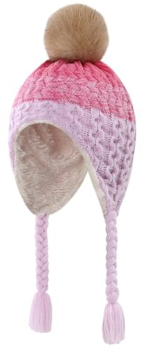 KAKU NANU Vintermössa för bebis öronmuffar fleecefodrad varm mössa med pompoms och björnar 6 färger för spädbarn pojkar och flickor småbarn, Lila/rosa, 2-4 år