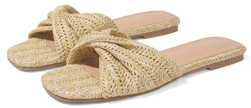 EQAUDES Women's Espadrille Flats Sandals Summer Raffia Wove Slip On Slides - Square Toe, Square Toe, Dress,Vacation, Wedding, Fashion