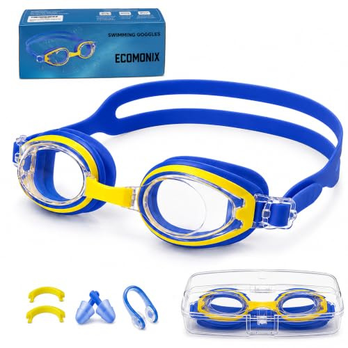 ECOMONIX Swimming Goggles Pack of 1, Kids Swimming Goggles for Boys & Girls, Water-Proof Swim Goggles, Comfortable Silicone Cushion, Anti Fog with Nose Clip, Earplugs and Protective Case.