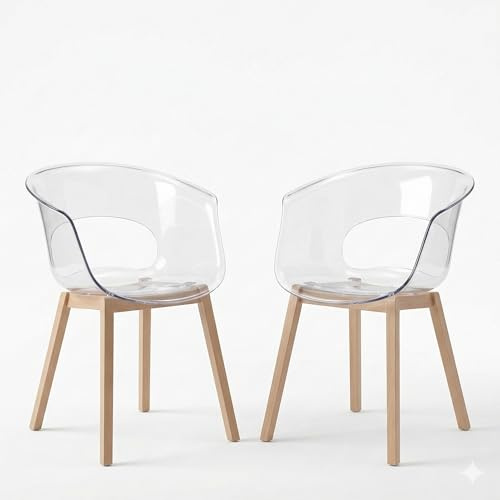 BERARDI Set 2 sedie Natural Wood Chair, Sedia Design con Scocca in Policarbonato Trasparente, Struttura in Legno Massello, 77x58x60 cm, per Sala da Pranzo e Contract
