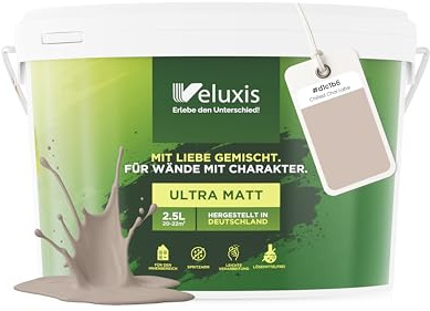 Veluxis® Pintura de pared beige para interiores - 2,5 litros y opacidad clase 1, sin vetas, antigoteo, ecológica y sin COV - (Chilled Chai Latte)