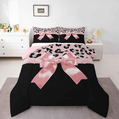 Loussiesd Juego de ropa de cama de seda rosa con lazo, estampado de leopardo gris, tamaño King, para niños, niñas y mujeres, color negro, rosa, dulce, romántico, 3 piezas