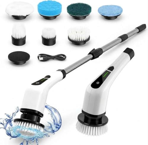 Scuva Electric Spin Scrubber, Cordless Cleaning Brush, Extendable Handle Shower Brush for Bathoom, Home Cleaning, Tile & Grout with 9 Replaceable Brush Heads, 2 Adjustable Speeds, IPX7 Waterproof