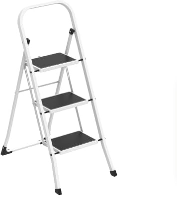 Amig Escalera Plegable 3 Peldaños Acero Blanca 106x72x46 cm | Pestaña para plegado fácil. Resistente y con peldaños antideslizantes. Facilita el acceso a zonas elevadas.