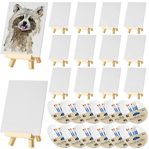 Zonon 120 Pcs Painting Set with Easels Includes 12 Wood Easels 24 Painting Canvas 72 Nylon Hair Brushes and 12 Plastic Palettes with Thumb Hole Art Painting Supplies Kit for Adults (4 X 6)