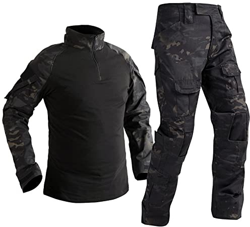 Uugood Airsoft skjortor för män multicam-byxor taktisk stridströja och byxset kamouflage BDU militär uniform paintball set, Svart natt, S