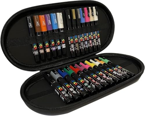 POSCA Vattenbaserade permanenta färgpennor med resefodral av högsta kvalitet för konst och hantverk. Användning med flera ytor på trä, metall, papper, kartong, glas, tyg och sten. Uppsättning av 24