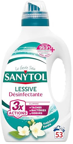 Sanytol - Lessive Désinfectante - Fleurs Blanches - 2,65 L - Tout Type de Linge, Préserve Fibres et Couleurs à Toutes Températures - Bactéricide, Virucide - Sans Javel