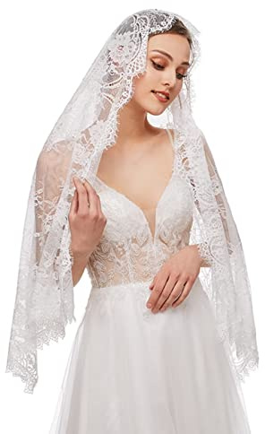 RUNRAYAY Weißes Dreieck Schleier, Kathedrale mit Schleier, Spitze Mantille für katholische Frauen