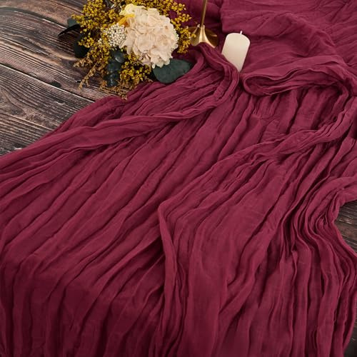 YMHPRIDE Lot de 2 Chemins de Table en étamine en Bourgogne, Vin Rouge 90 x 300cm en Tissu de Gaze Rustique, Décoration de Table de Mariage Nappe pour Fête de Mariage Douche Nuptiale Décorations
