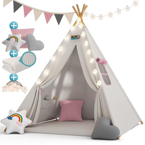 Spielwerk® Tipi Infantil Tienda de Campaña Niños 3 Cojines 130x130x160cm 20 LED's Alfombra Carpa Juguete Rosa