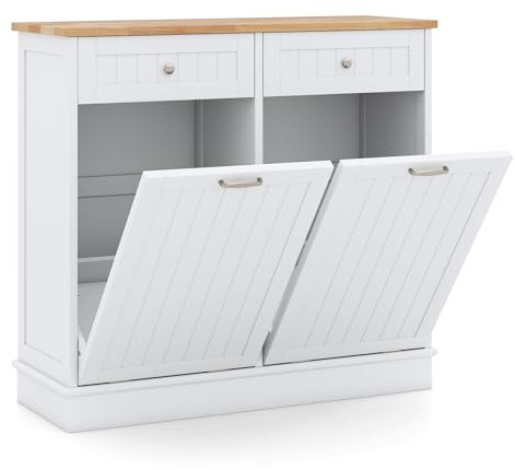 COSTWAY Tilt Out Trash Can Cabinet, Free Standing Laundry Hamper with 1/2 Tilting Out Doors, Pull-out Drawers & Bamboo Cutting Board, Kitchen Recycling Waste Sideboard, Bin Not Included (2 Doors)