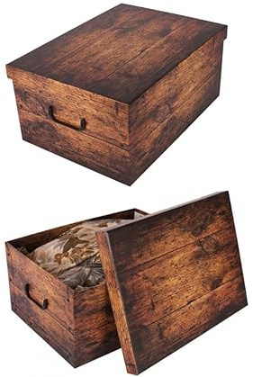 Kreher® 2 Stück Aufbewahrungsbox mit Deckel, Deko Papp-Karton, Stapelbox, 45 Liter mit Griffen, 51 x 37 x 24 cm (Holz Dunkelbraun)