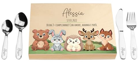 LAUBLUST Posate per bambini con stampa del nome e scatola regalo in legno personalizzata | 4 pezzi - Posate in acciaio inox | Regalo personalizzato per ragazzi e ragazze (Animali Della Foresta)