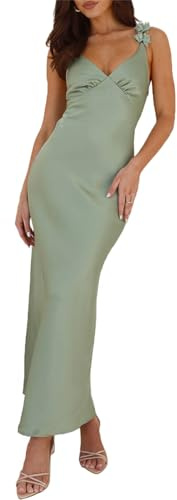 Phicia Summer Satin Spaghetti Strap V Neck Midi Dresses for Women Wedding Guest Elegant Flower Backless Cocktail Formal Dress