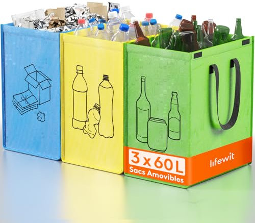 Lifewit Juego de 3 Cubo de Basura Reciclaje 60L, Bolsas Reciclaje Basura Colores para Papel, Cartón, Plástico, Vidrio y Botellas, Recycling Bin para Cocina y Exterior