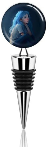 Bouchons de vin pour bouteilles de vin « A Girl with Blue Hair » - Bouchon de bouteille de vin sous vide en silicone réutilisable - Anti-fuite - Garde la fraîcheur