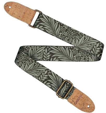 Cascha Gitarrengurt, Veganer Gurt mit Blattmuster, Polyester mit Korkenden, Grün/Schwarz