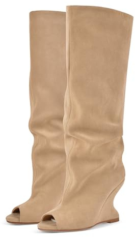 Rhineshell Women's Slouchy High Heels Pull On Wedge Knee High Boots Peep Round Toe Heeled Sandal Boot Faux Suede Solid Color Party Prom Shoes Brown Size 7