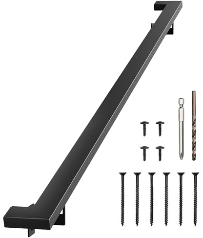 Houseables Aluminum Handrail, Stair Railing Indoor, Hand Rail, Stair Handrail, Indoor Railing, Stairwell Rails, Stairway, Staircase, Interior Steps, Basement, Modern, Flat, Metal, Mount Kit, Black 6FT