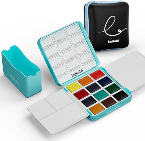 Juego de acuarela de viaje de bolsillo de 12 colores, mini juego de pintura de acuarela con funda portátil, paleta de mezcla de colorear, taza de lavado de agua, para artistas adultos, principiantes