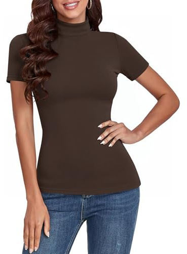 Totatuit T-Shirt Femme à Col Roulé Côtelé Manches Courtes Haut Ajusté Slim Fit en Coton Stretch Style Décontracté Chic Basique Marron，XL
