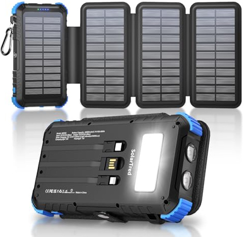 Solar Power Bank 20000mAh with 4 Panels, Portable Solar Charger with Build-in 3 Cables for iPhone, USB C in/Output Fast Charging External Battery Pack with Flashlight & Camping Light