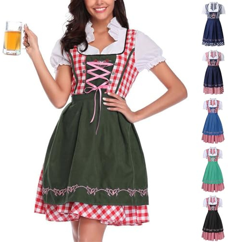 Women's Dirndl Dress Traditional Bavarian Costume Oktoberfest Outfit German Beer Wench with Puff Short Sleeves and Apron, Halloween Medieval Fancy Dress for Carnival Cosplay & Beer Festive Parties