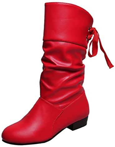 Generisch Botines de mujer lisos plisados con pajarita de tacón grueso para mujer, rojo, 42 EU