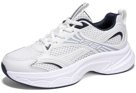 BAASPLOA Women's Fashion Sneakers Chunky Breathable Walking Shoes Casual Mesh Athletic Tennis Shoes with Thick Sole for Women Gym Workout A-White