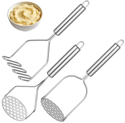 EnixwH 3 Piezas Machacador de Patatas, Potato Masher de Acero Inoxidable Aplastador Patatas Cocidas (Lineal, Floral, Agujero Cuadrado) para Pure Calabaza, Patata Dulce Frutas Verduras